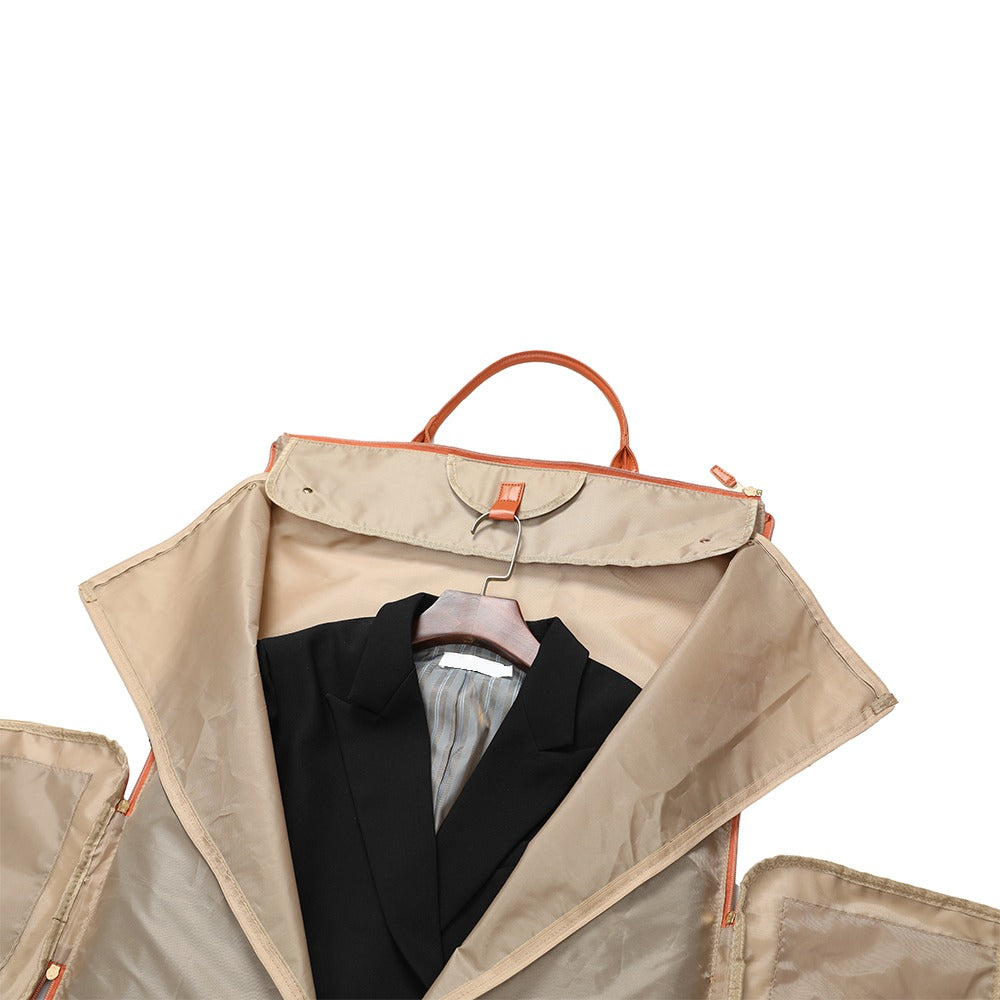 Suit laid flat inside the open garment duffel