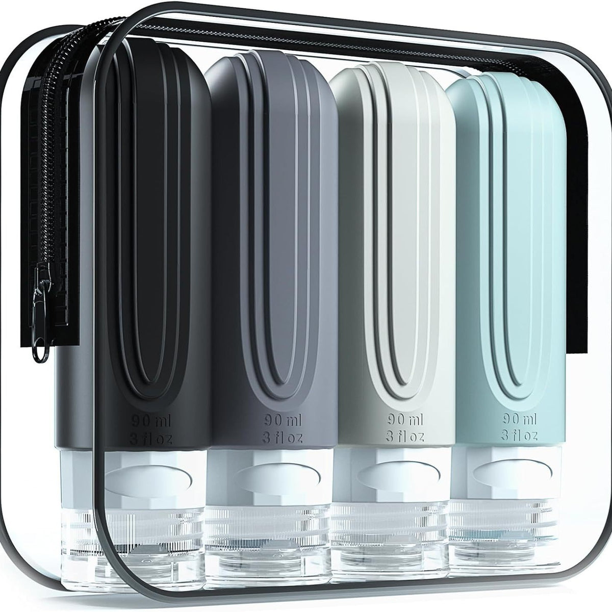 Four silicone travel bottles in a clear pouch