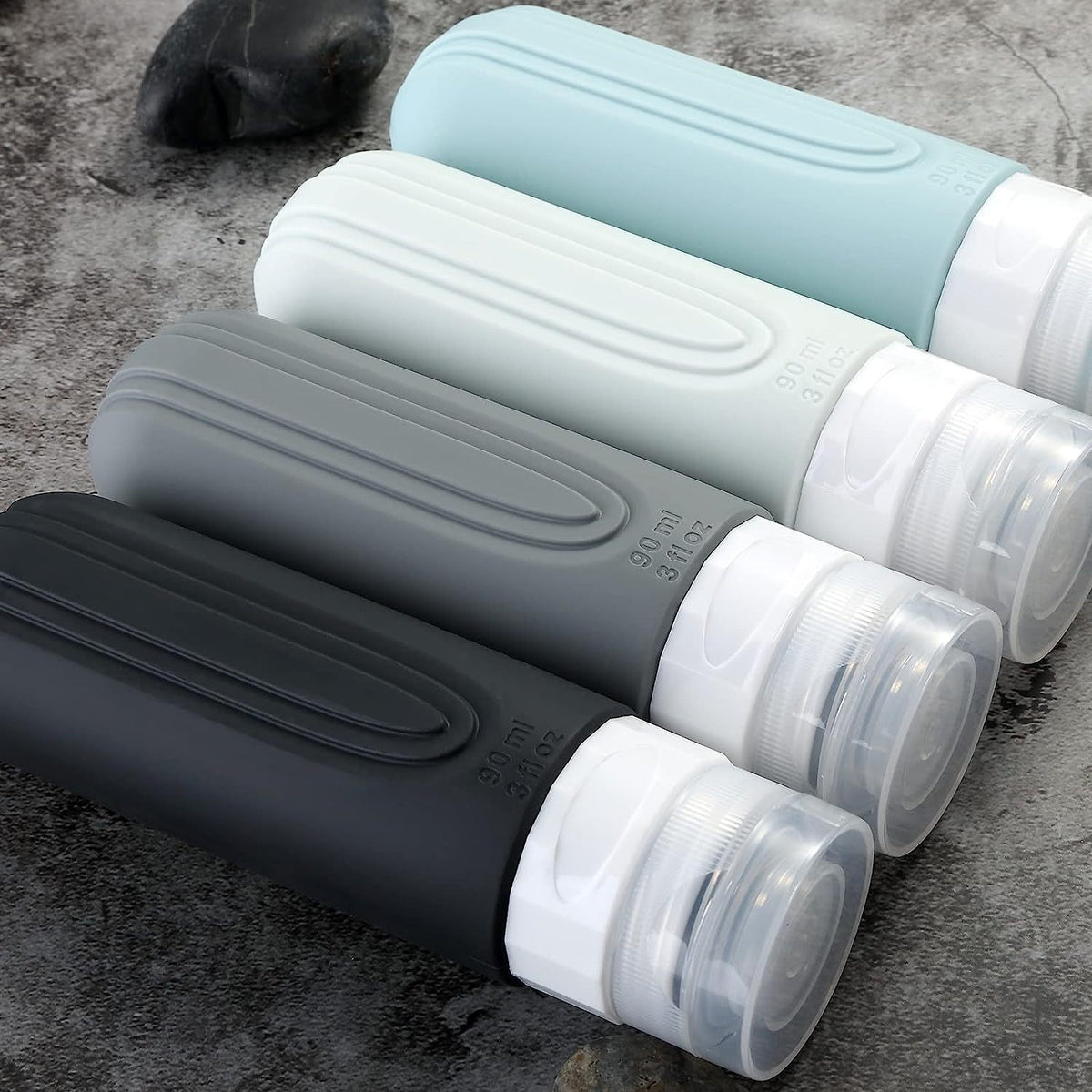 Close-up of silicone travel bottles