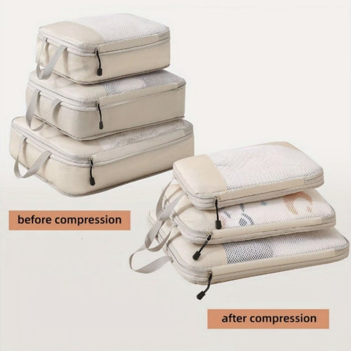 Beige compression packing cubes, set of 3