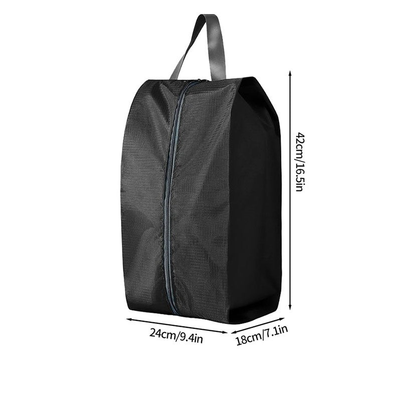 Black travel shoe bag with dimensions