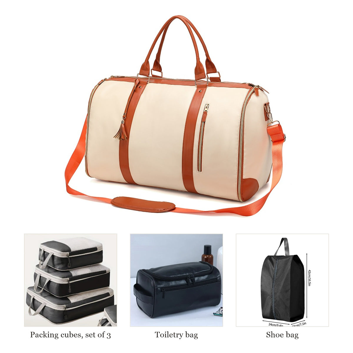 Beige garment duffel with packing cubes, toiletry bag and shoe bag