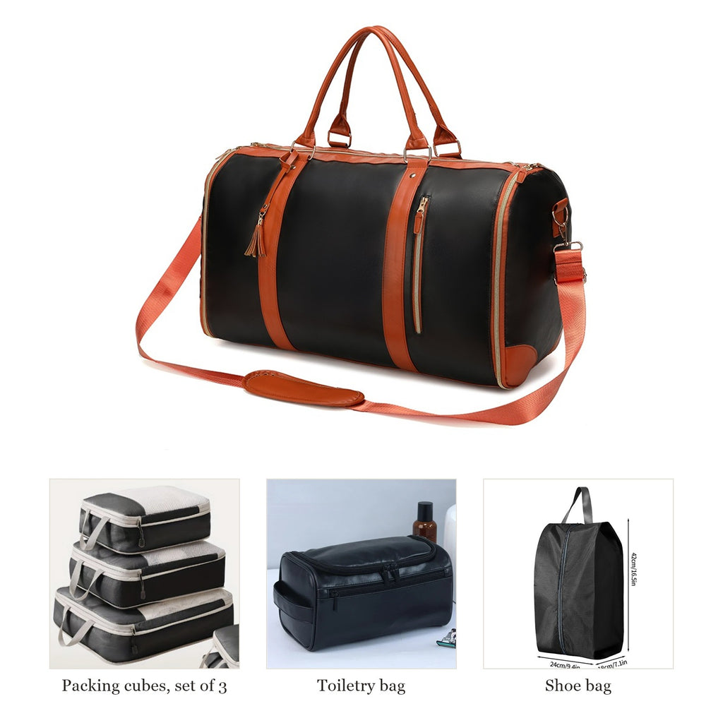 Black garment duffel with packing cubes, toiletry bag and shoe bag