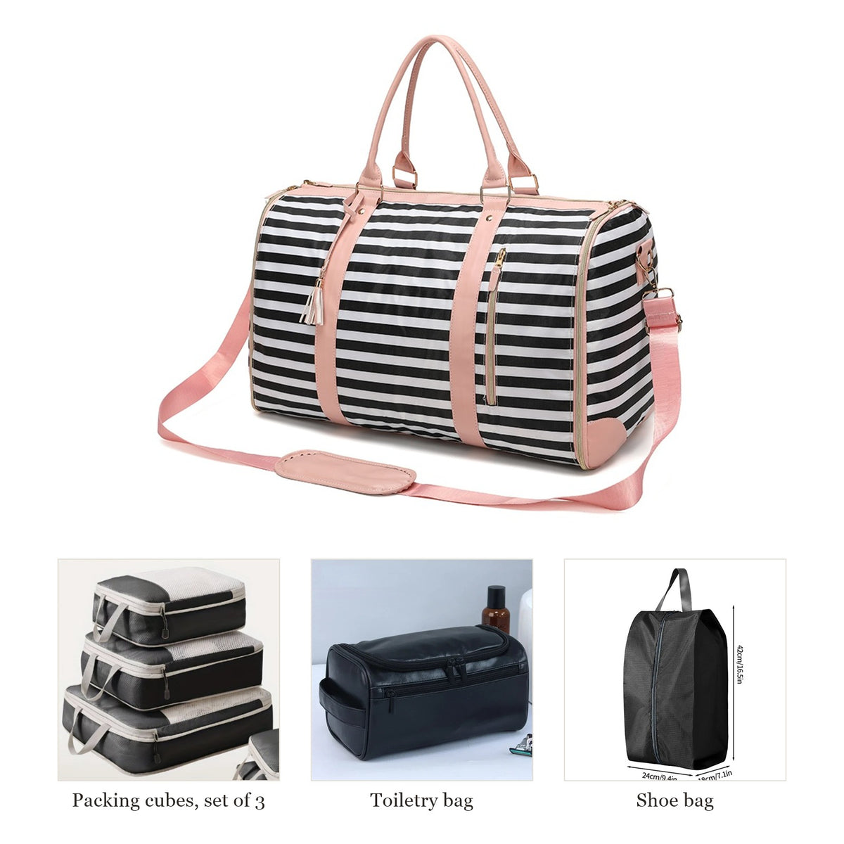 Black stripe garment duffel with packing cubes, toiletry bag and shoe bag