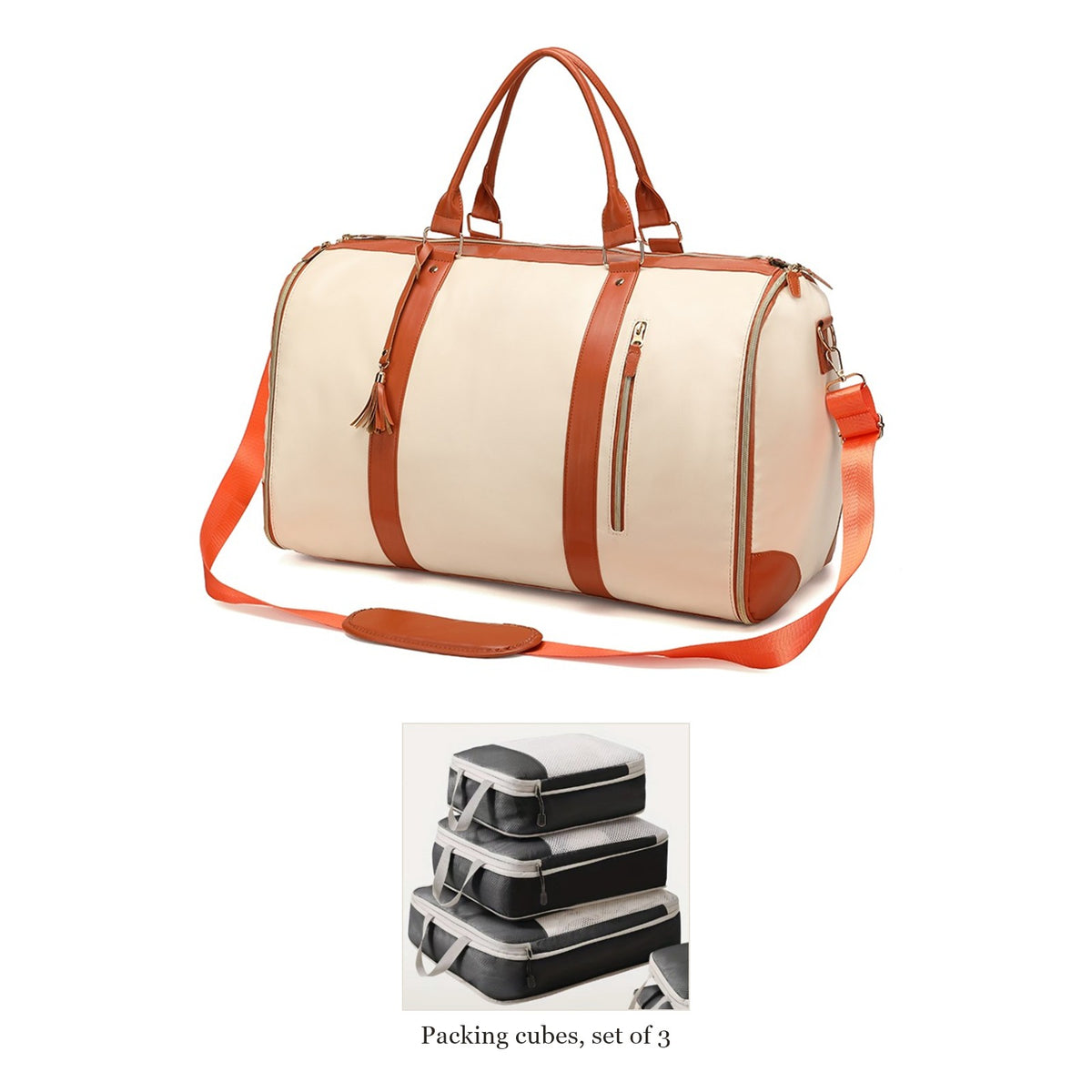 Beige garment duffel with a set of 3 packing cubes