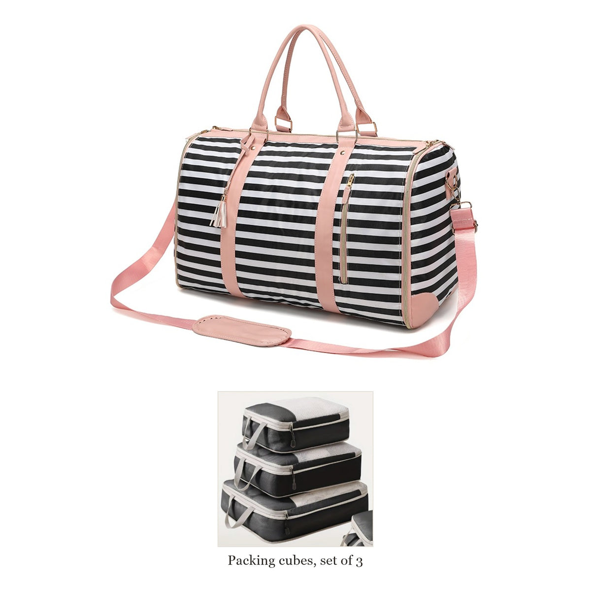 Black stripe garment duffel with a set of 3 packing cubes